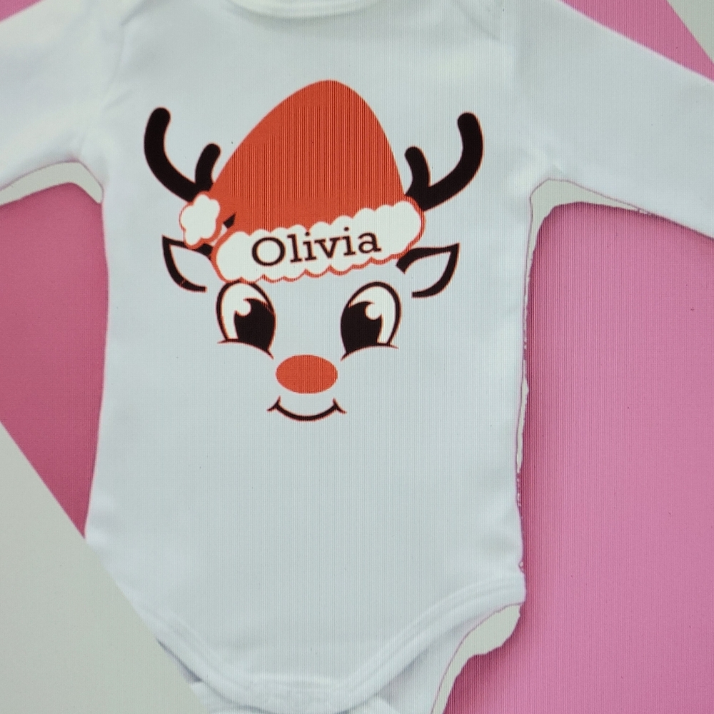 Personalized Reindeer bodysui with Santa Hat | Custom Christmas Baby Bodysuit |